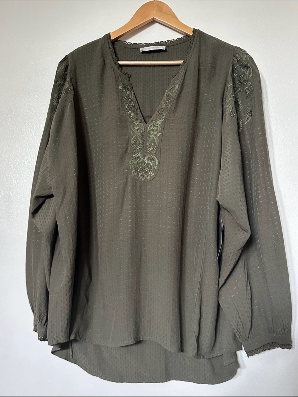 Lucky Brand Olive Green Embroidered V-Neck Tunic